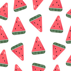 Sweet summer seamless pattern with red colorful watermelons on a white background. Watermelon isolated on white background. Cartoon, simple illustration. It can be used for decoration of textile