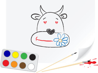 Nursery drawing cow on a paper