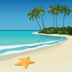 Fototapeta na wymiar Illustration of a white sand tropical beach with palm trees and a starfish. All objects are grouped and easy to edit or separate.