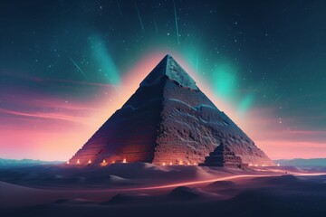 Fototapeta na wymiar beautiful luminous pyramid in the desert created with Generative AI technology
