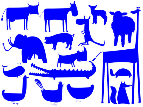 animal blue silhouettes isolated on white, vector art illustration; easy to change colors