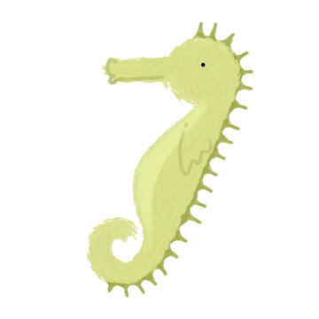 the image of a seahorse on the number seven (7), with bent necks and long snouted heads and a distinctive trunk and tail. hand drawing cartoon, PNG transparent.