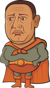 Overweight middle-aged super hero cartoon looking sad