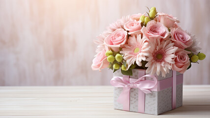 Beautiful bouquet of rose and chrysanthemums flowers and pink gift box on brick wall background.