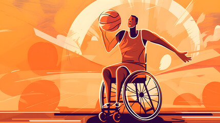 Illustration of black person in wheelchair playing basketball. Generative AI