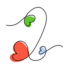 Number 2 handwritten in one continuous line with hearts and color spots in trendy shades. Vector.