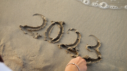 Fototapeta na wymiar Closeup of young woman writing 2023 new year on wet sand at sea beach