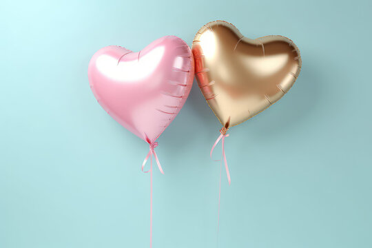 Two Foil balloons in the shape of hearts isolated on pastel blue background with copy space. Holiday banner template, space for text. Generative AI professional photo imitation.