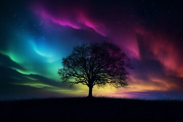 Fototapeta na wymiar the sky above a tree shines in rainbow colors created with Generative AI technology