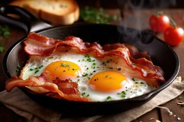 Composition with tasty fried eggs and bacon on wooden table with copy space.