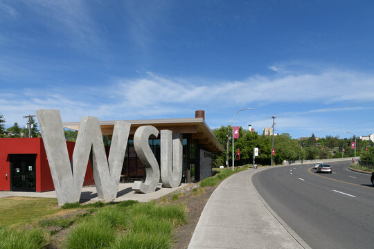 Pullman, WA, USA - May 23, 2023; WSU letters at Washington State University Brelsford Visitor Center
