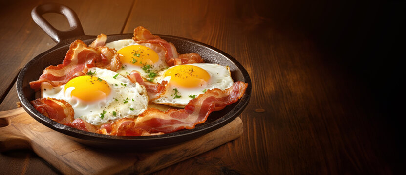 Composition with tasty fried eggs and bacon on wooden table with copy space.