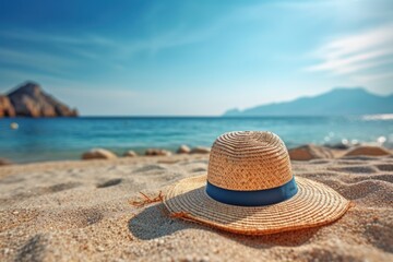 Summer composition on sandy beach with hat at blue sea as background. Summer vacation concept.