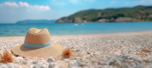 Fototapeta na wymiar Summer composition on sandy beach with hat at blue sea as background. Summer vacation concept.