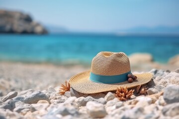 Summer composition on sandy beach with hat at blue sea as background. Summer vacation concept.