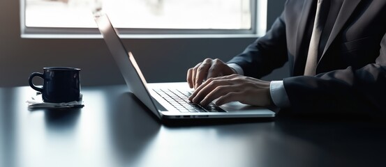 Businessman working on laptop in office. Close-up of male hands typing on laptop keyboard, Generative AI