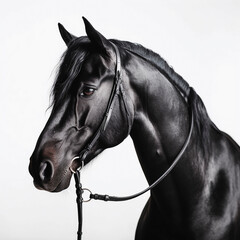 black horse (Equidae), against white background, AI generated