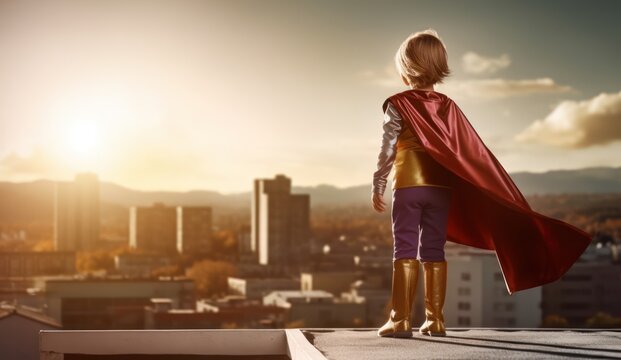 Superhero kid on the roof top. Little child in superhero costume. Kids Dream, Generative AI