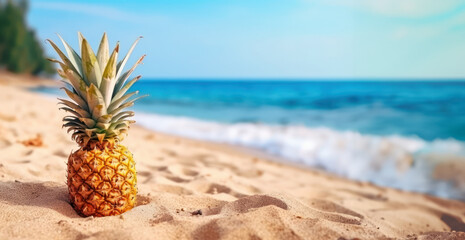 Composition summer on sand beach with pineapple , blue sea as background with copy space. 