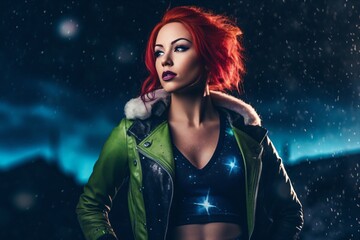 young woman with red hair and a belly top created with Generative AI technology