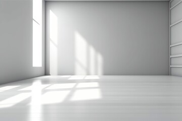 Obraz premium 3D render of empty room with shadows of window for display product. white gray studio background for product presentation. 