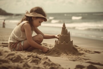 a child builds a sand castle on the beach created with Generative AI technology