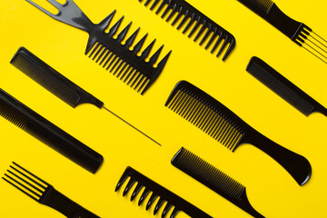 Professional combs and hairdresser tools on color background, top view - obrazy, fototapety, plakaty