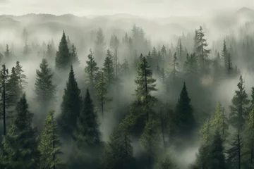 Gordijnen Foggy pine forest view from above Generative AI © Lana_M