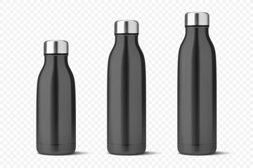 Vector Realistic 3d Black Empty Glossy Metal Reusable Water Bottle with Silver Bung Set Closeup Isolated. Design template of Packaging Mockup. Front View