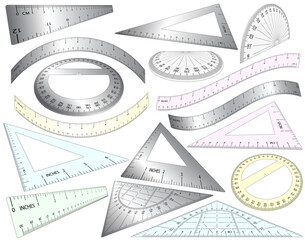 Set of angled and bent editable vector rulers, set squares and protractors in plastic and metal