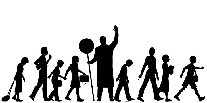 Editable vector silhouettes of school children crossing a road