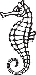 Stylized black and white icon of a seahorse on white background
