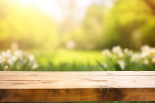 Empty wooden table. Spring time. Garden blurred background.