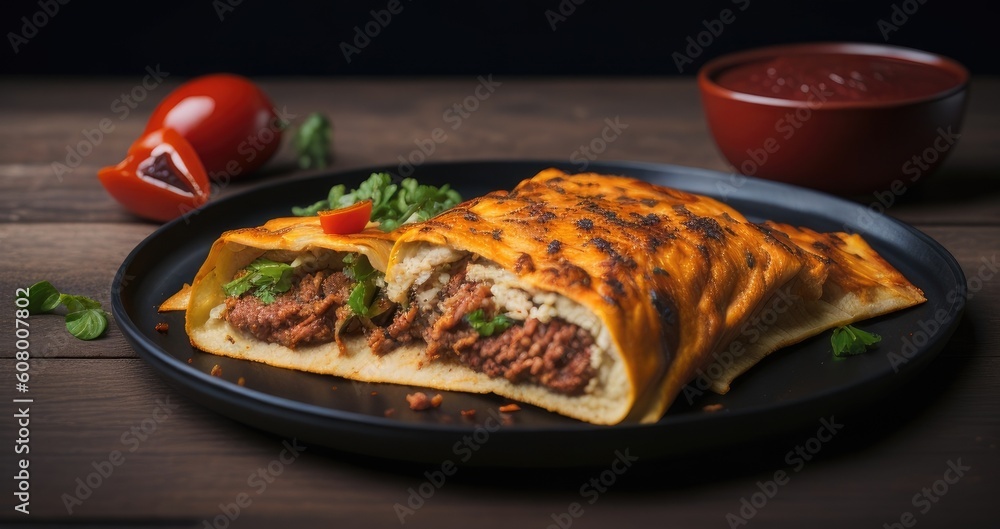 Wall mural Egg martabak filled with minced meat and vegetables with spicy sauce