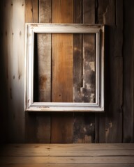 Obraz na płótnie Canvas old wooden picture frame on the wall with wooden floor and wood background, Generative AI