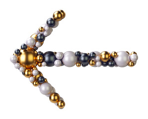 Arrow Left of jewelry balls in black and yellow gold and pearls. Alphabet from jewellery font serif Isolated on transparent background. 3D render