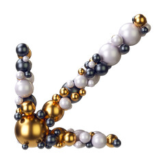 Arrow Left Bottom of jewelry balls in black and yellow gold and pearls. Alphabet from jewellery font serif Isolated on transparent background. 3D render