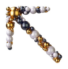Arrow Left Top of jewelry balls in black and yellow gold and pearls. Alphabet from jewellery font serif Isolated on transparent background. 3D render