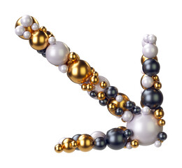 Arrow Right Bottom of jewelry balls in black and yellow gold and pearls. Alphabet from jewellery font serif Isolated on transparent background. 3D render