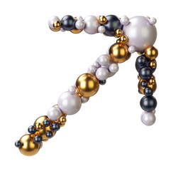 Arrow Right Top of jewelry balls in black and yellow gold and pearls. Alphabet from jewellery font serif Isolated on transparent background. 3D render