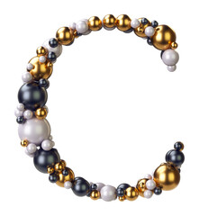 Letter C of jewelry balls in black and yellow gold and pearls. Alphabet from jewellery font serif Isolated on transparent background. 3D render