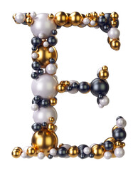 Letter E of jewelry balls in black and yellow gold and pearls. Alphabet from jewellery font serif Isolated on transparent background. 3D render