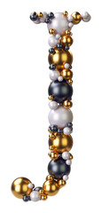 Letter J of jewelry balls in black and yellow gold and pearls. Alphabet from jewellery font serif Isolated on transparent background. 3D render