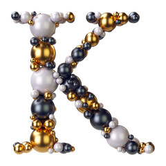 Letter K of jewelry balls in black and yellow gold and pearls. Alphabet from jewellery font serif Isolated on transparent background. 3D render