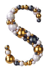 Letter S of jewelry balls in black and yellow gold and pearls. Alphabet from jewellery font serif Isolated on transparent background. 3D render