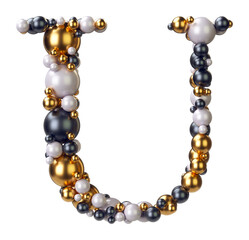 Letter U of jewelry balls in black and yellow gold and pearls. Alphabet from jewellery font serif Isolated on transparent background. 3D render