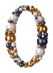 Number 0, Zero of jewelry balls in black and yellow gold and pearls. Alphabet from jewellery font serif Isolated on transparent background. 3D render