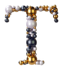 Letter T of jewelry balls in black and yellow gold and pearls. Alphabet from jewellery font serif Isolated on transparent background. 3D render