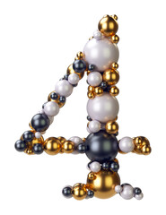 Number 4, Four of jewelry balls in black and yellow gold and pearls. Alphabet from jewellery font serif Isolated on transparent background. 3D render