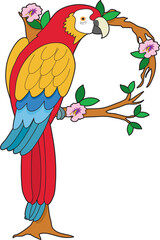 A parrot sitting on a branch with hibiscus blossoms. He is shaped like the letter P